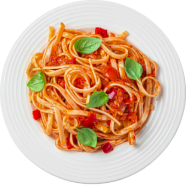 Naravno. Evo kompletne SEO optimizacije za ovu modernu, stilizovanu sliku paste. Alternative Text (Alt Text) Svrha: Ovo je najvažnije polje za SEO i pristupačnost. Opisuje sliku za Google i za osobe koje koriste čitače ekrana. Preporuka: A top-down view of a fresh pasta dish from Voro Food, featuring linguine tossed in a vibrant tomato sauce and garnished with basil.